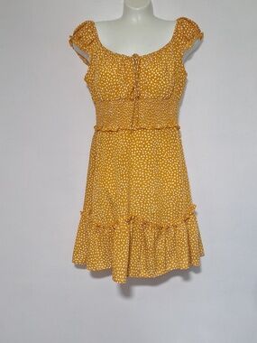 Women’s Yellow Smocked Sundress with White Dot Print